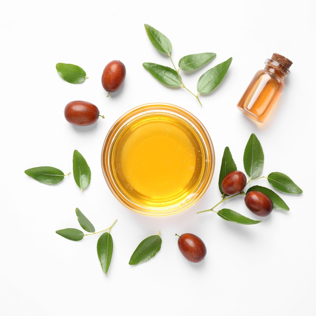 Jar of oil with jojoba beans and leaves on a white background