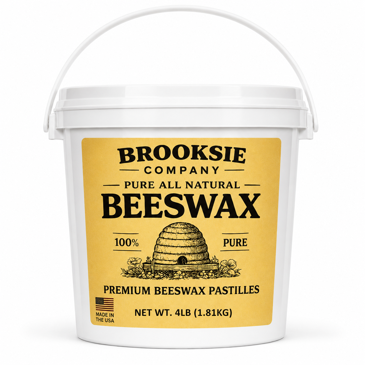 A white plastic bucket of Brooksie Company Pure All Natural Beeswax pastilles, featuring a large yellow label with black text and an illustration of a beehive.