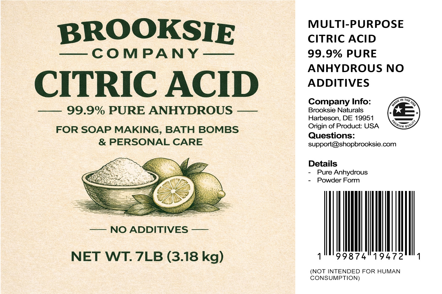 Label for Brooksie Company Citric Acid with product details and branding.
