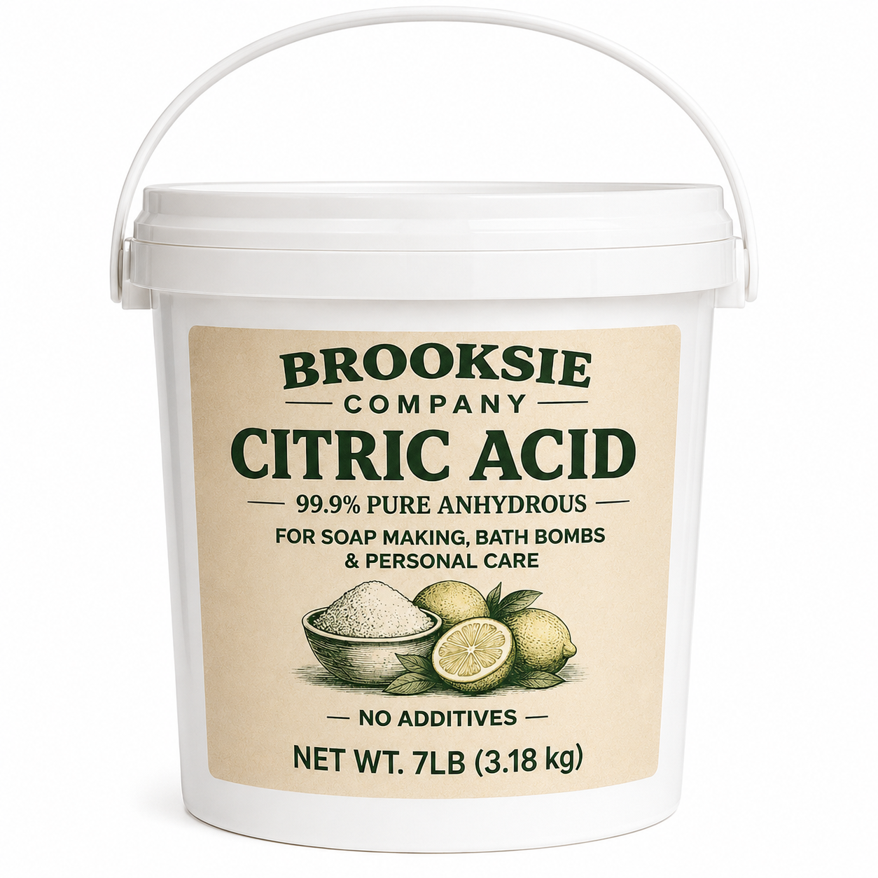 A white plastic bucket of Brooksie Company Citric Acid with a beige label, shown on a clean white background.