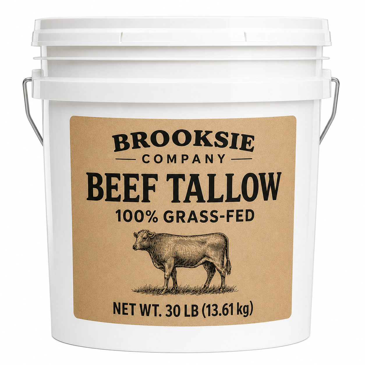 A white plastic bucket of Brooksie Company Beef Tallow 100% Grass-Fed, featuring a large tan label with a black illustration of a cow and product details.