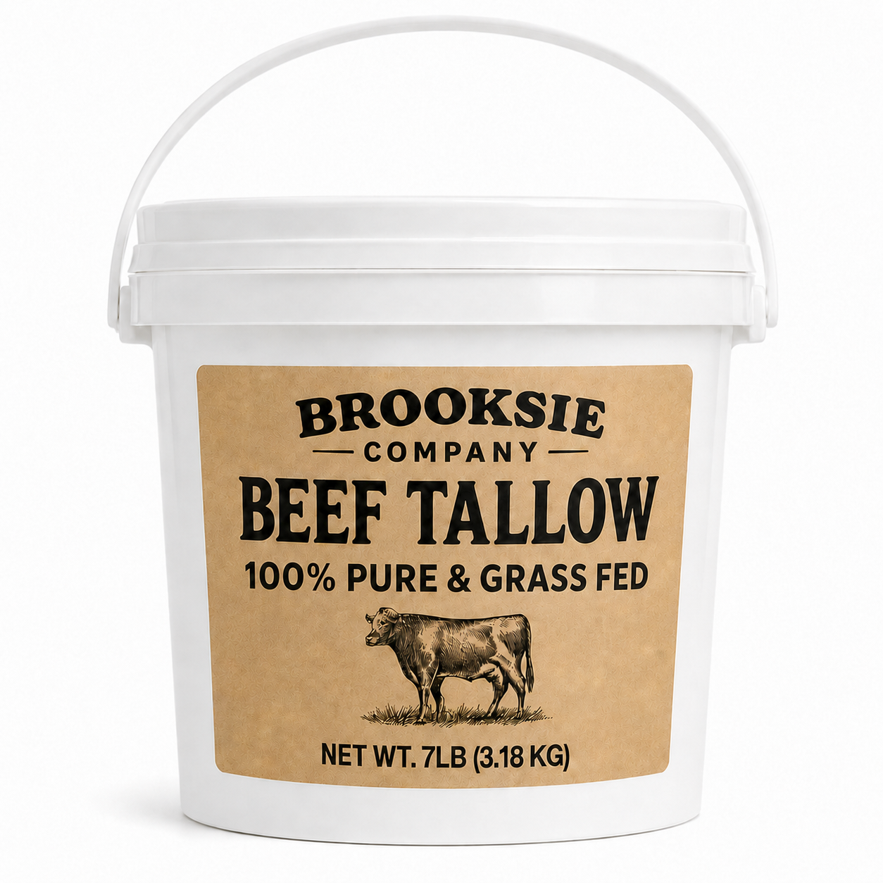 A white plastic bucket with a handle, featuring a tan label that reads 'Brooksie Company Beef Tallow 100% Pure & Grass Fed' with an illustration of a cow. The bucket is photographed on a clean white background.
