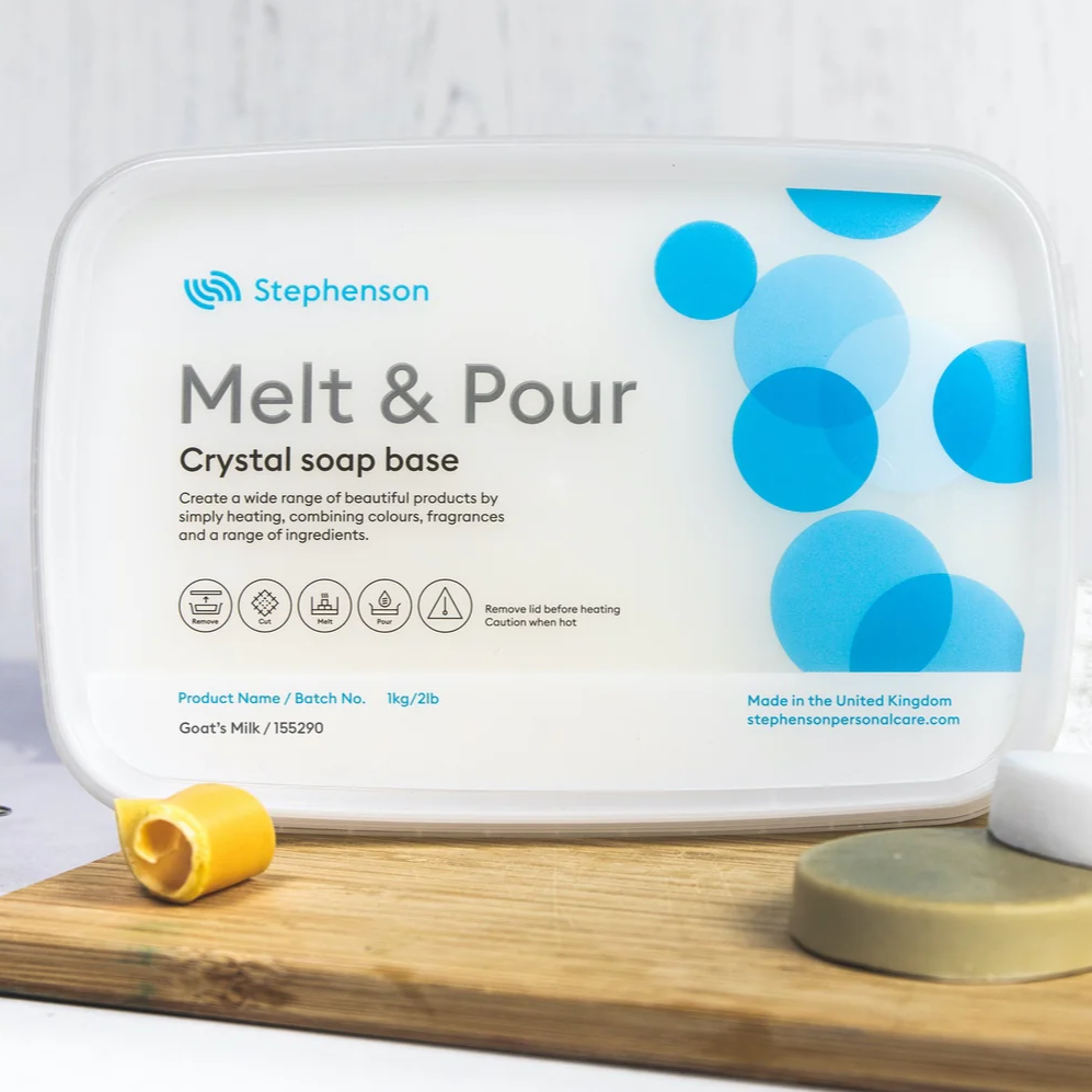 Stephenson Melt & Pour crystal soap base packaging on a wooden board with a white background