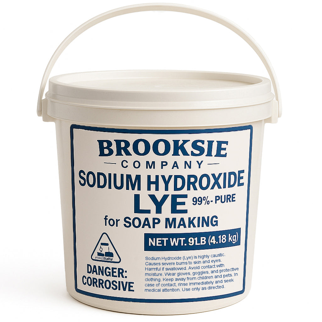 Bucket of sodium hydroxide lye for soap making with a label on a white background