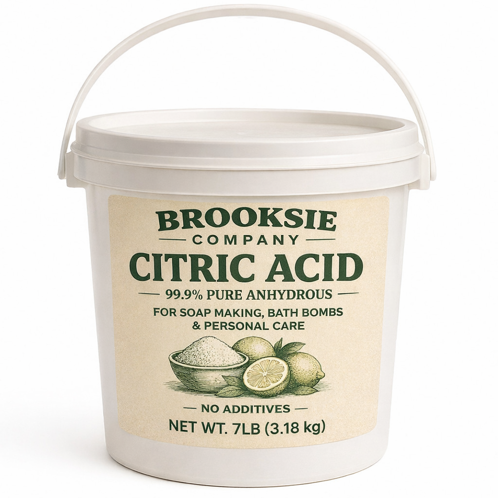 Bucket of Brooksie Company citric acid on a white background