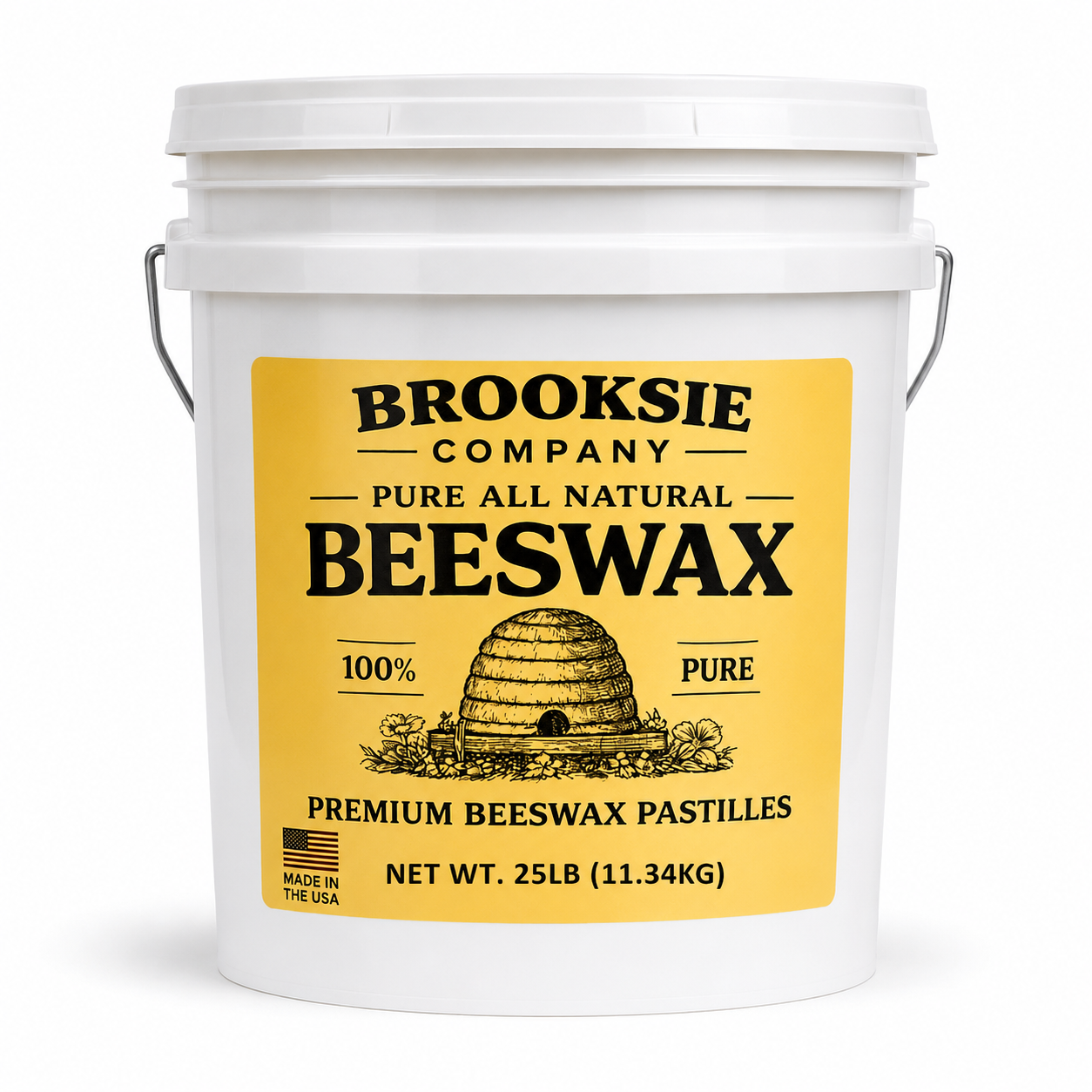 A white plastic bucket of Brooksie Company Pure All Natural Beeswax with a large yellow label featuring a beehive illustration and product text.