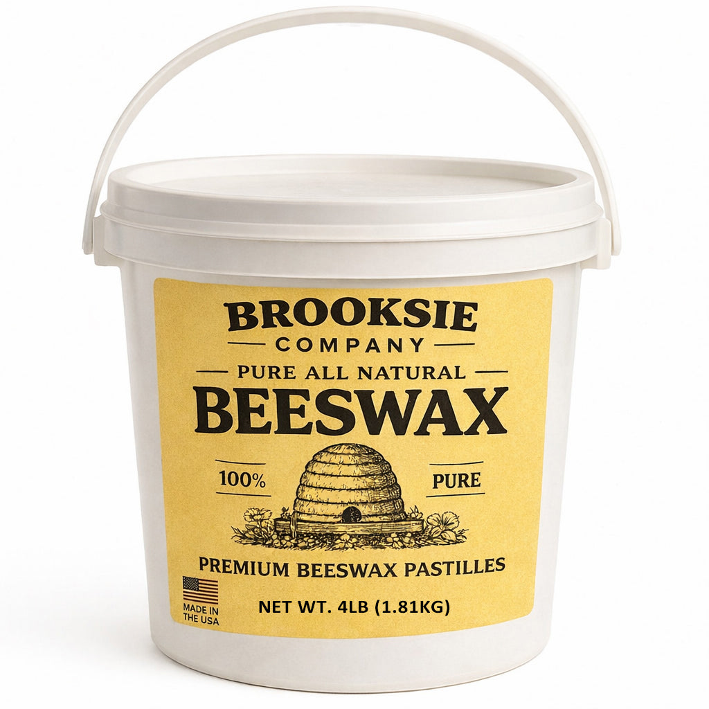 White bucket of Brooksie Company pure all natural beeswax on a white background