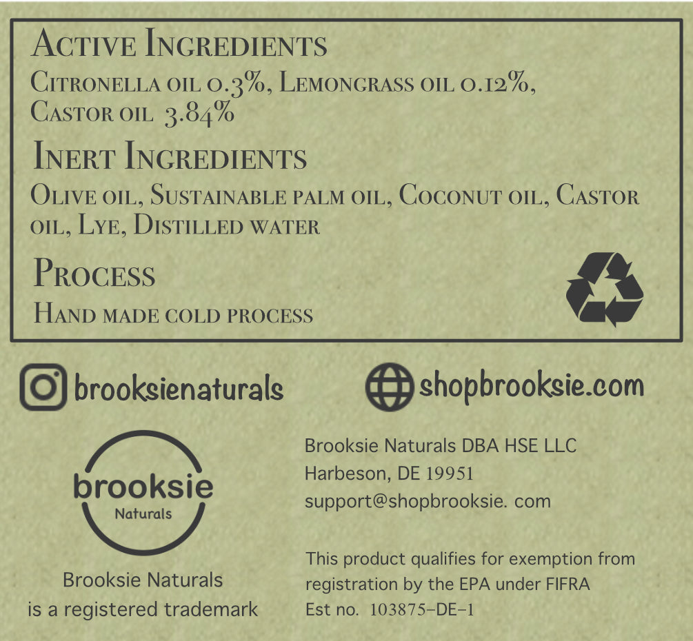 Brooksie™ Insect Repellent Body Soap 2PK Handmade with Citronella, Lemon Grass Essential Oils DEET Free. Protects against Mosquitos, Flies, and Ticks